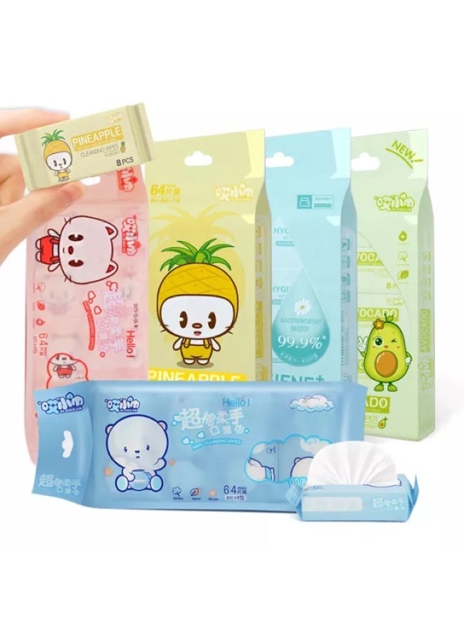 ٦٤ منديل مبلل محمول - مناديل مبللة صغيرة الحجم ذاتية التنظيف للاستخدام مرة واحدة، مناسبة للسفر والمكتب والأنشطة الخارجية، عبوة من ٨ قطع - Image 2